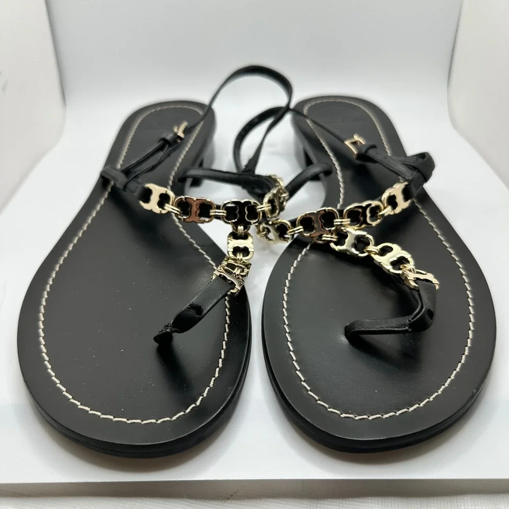 Tory‎ Burch Black Leather Gemini Chain Link Thong Sandals Gold Hardware Size 10M